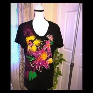 Just My Size Black Bold Floral Short Sleeve V Neck Tee Shirt size 4X